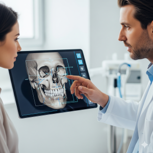 A patient discussing their 3D scan with the best cosmetic jaw surgeon in Noida at Renew U Clinic.