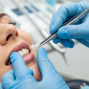 An expert cosmetic dentist applying one of the best porcelain veneers in Noida at Renew U Clinic.