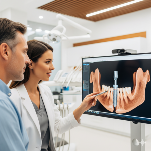 A patient viewing a 3D scan for the best dental implants in Noida with an expert implantologist at Renew U Clinic.