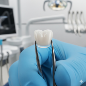 An expert dentist showcasing a natural-looking Zirconia crown, representing the best Zirconia crowns in Noida at Renew U Clinic.